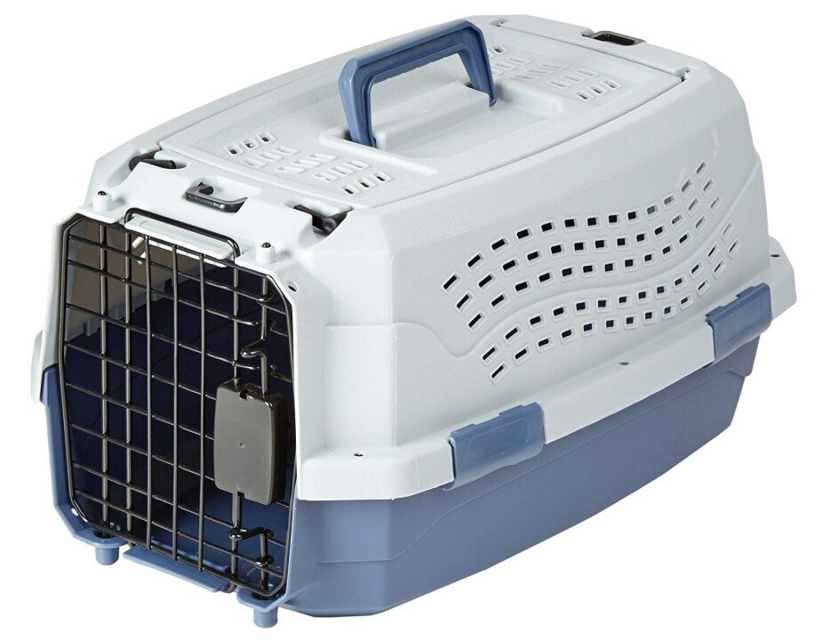 Amazon Basics 2-door top-load hard-sided pet travel carrier, gray and blue, manufacturer product photo
