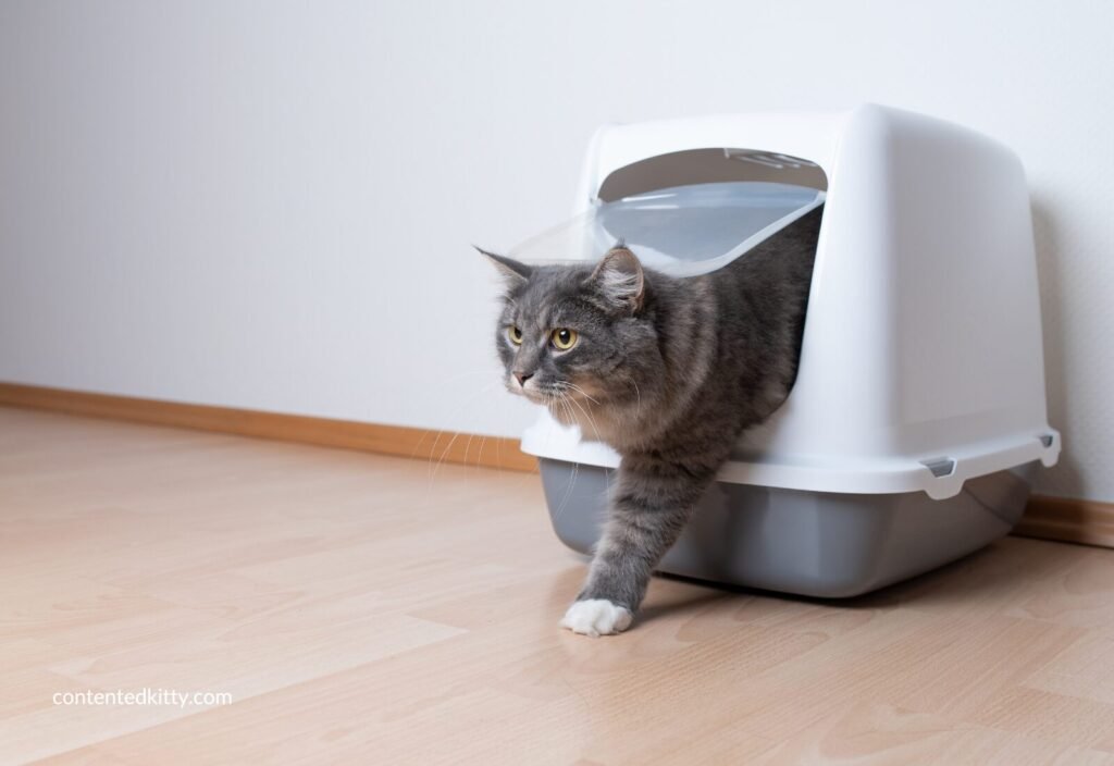 Gray tabby cat exiting a hooded, covered litter box