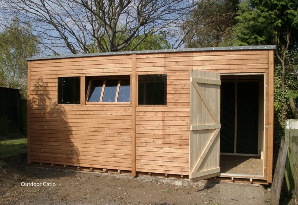 Wooden outdoor shed structure that can be converted into a full-sized catio