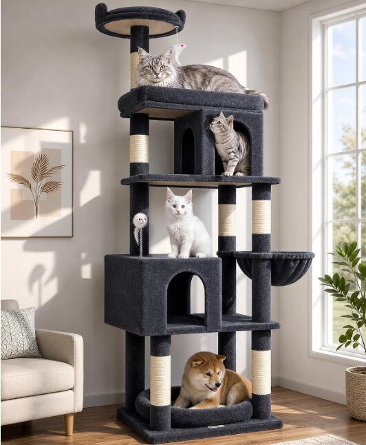 Globlazer S72 heavy duty 72-inch cat tree with multiple cats and a dog on its platforms, manufacturer product photo