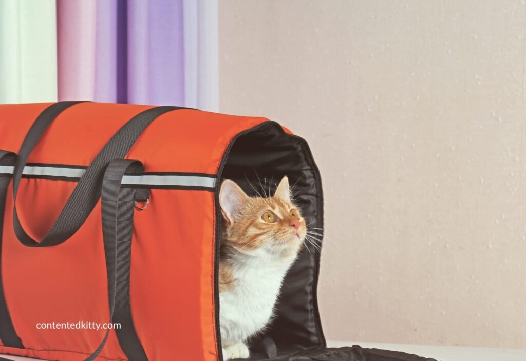 Ginger and white kitten peeking out of an orange soft-sided pet carrier