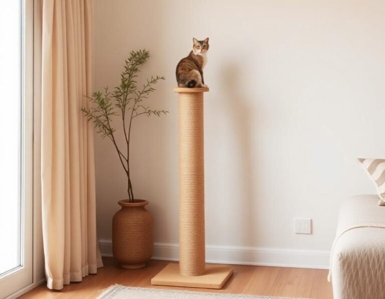 A cat mid-stretch, scratching a tall sisal-wrapped scratching post