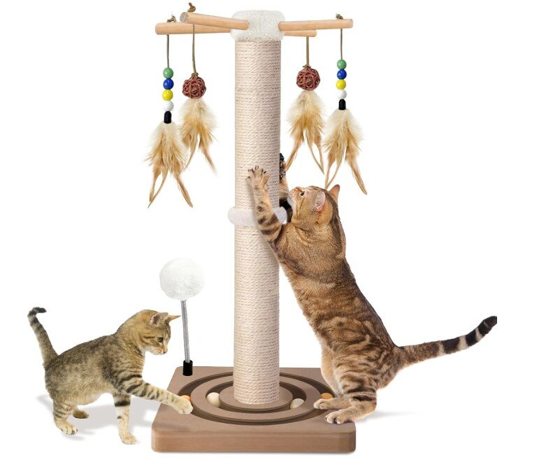Two cats playing with a sisal scratching post tower with hanging feather toys and a ball track base, manufacturer product photo