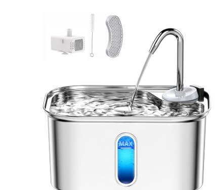 Stainless steel cat water fountain with flowing water, included accessories shown alongside