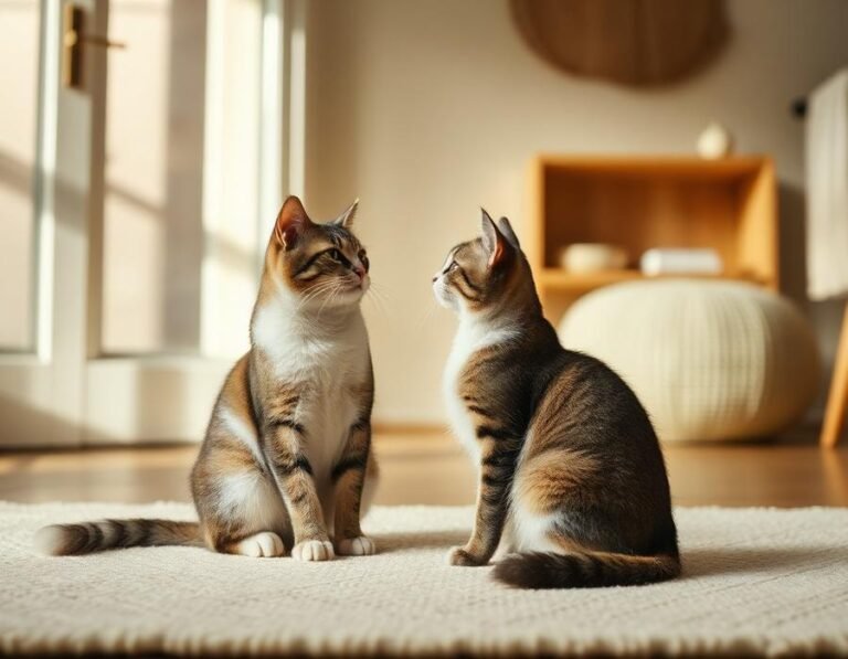 Two cats sitting close together after being introduced to each other