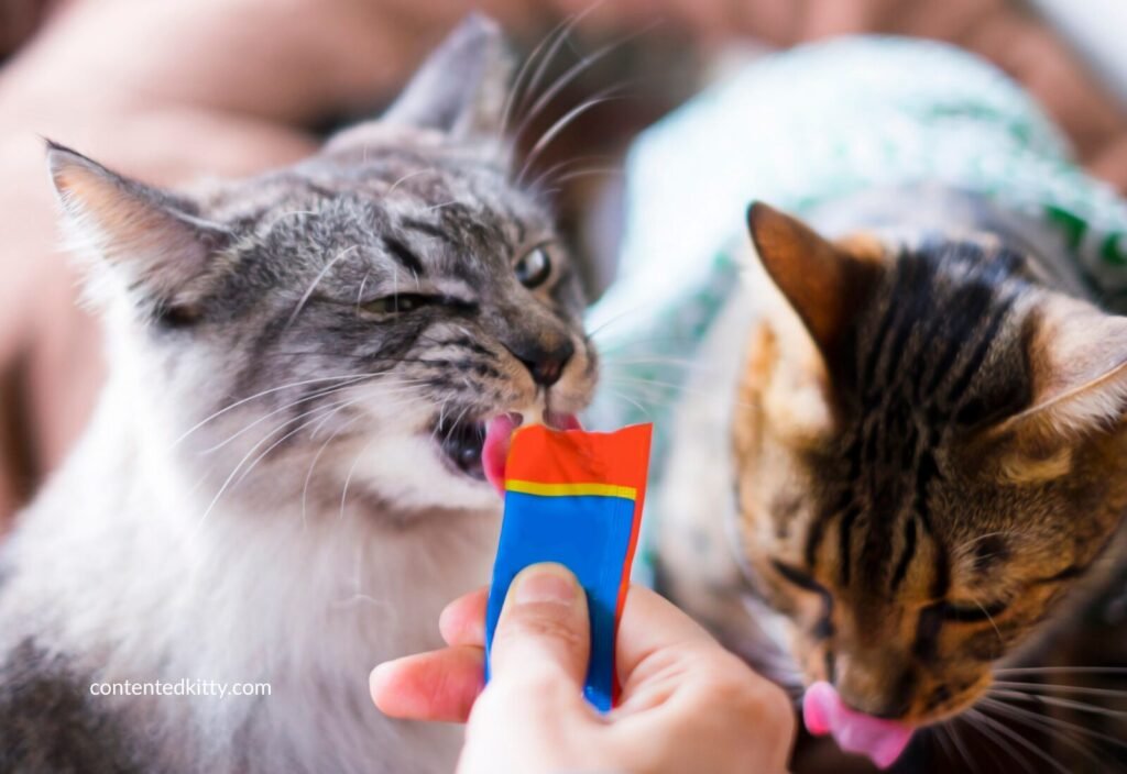 Two cats calmly sharing a treat pouch side by side